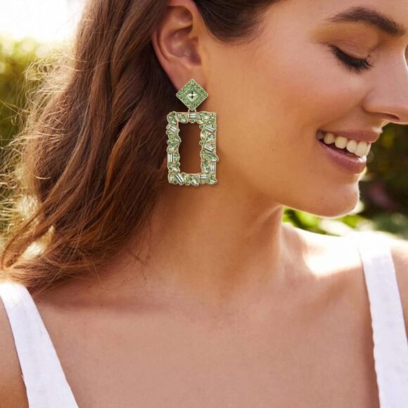 Yellow Gold with Peridot Green Crystal Geometric Open Rectangle Post Earrings - Picture 3 of 5